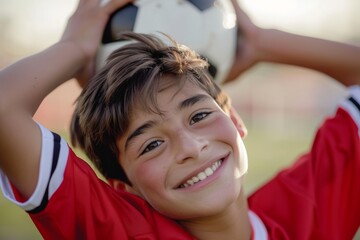 Portrait of a smiling young athlete with a soccer ball, enjoying a game outdoors in a grassy field, emphasizing sport, fitness, and training