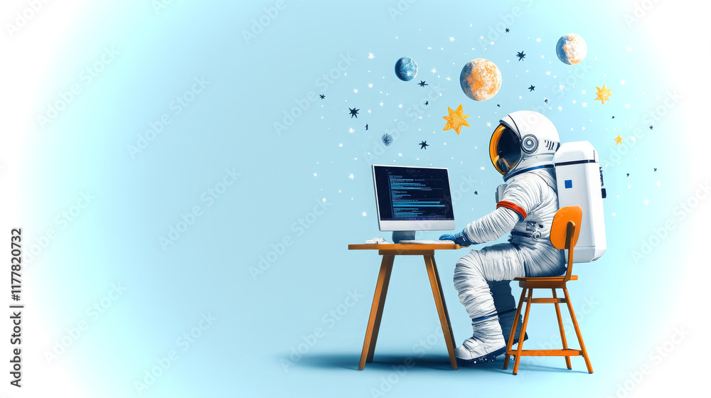 Poster astronaut collaborates with artificial intelligence in a modern computer lab