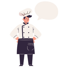 The cute male chef stands up straight and a speech bubble for your text. Flat vector illustration on white background . Vector illustration