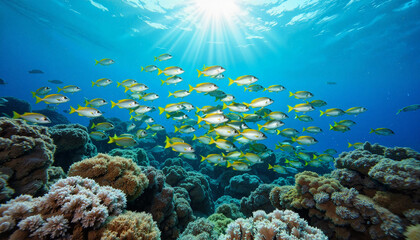 Fototapeta premium Vibrant school of fish swimming among corals, underwater beauty