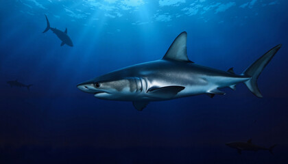 Fototapeta premium Majestic thresher shark swimming gracefully in deep blue sea, marine beauty