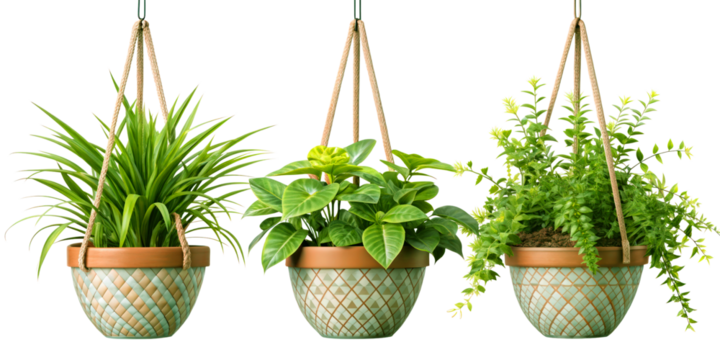 Set of hanging ivy plants on pot on transparent background for home, office, premises decor
