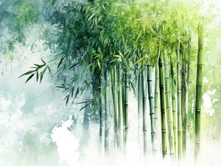 A serene watercolor representation of a Kyoto bamboo forest, perfect for serene design needs.