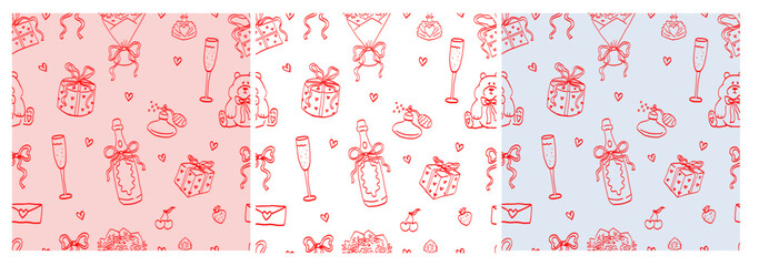 Valentine’s Day Seamless Patterns Set. Hand Drawn Ornament with Cupid, Hearts, Flowers, and Gifts. Romantic Line Art in White, Red and Blue Colours. Symbols of Love.