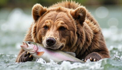 Fototapeta premium Grizzly bear catching a fish in a river, natural predation