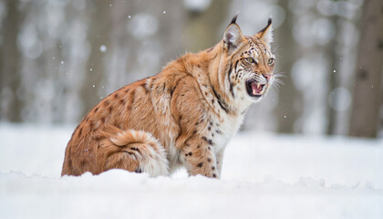 Obraz premium Lynx growling in snowy forest, fierce wildlife encounter