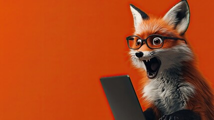 A frightened fox with glasses looks at a laptop. strong fear. shock. unusual lighting. on an isolated color background. side view. cartoon look. place for text.