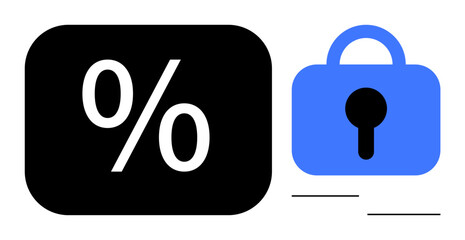 Black percentage symbol next to a blue padlock icon. Ideal for financial security, data protection, online privacy, cybersecurity, and secure transactions. Minimalist style
