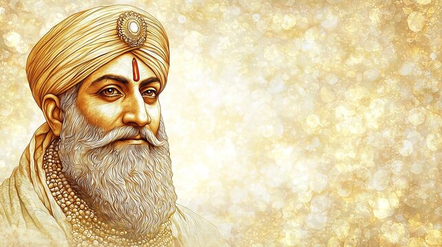 Portrait of swami dayanand saraswati wearing turban and golden necklaces on gold background