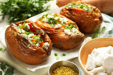 Tasty cooked sweet potatoes with feta cheese, green onion and parsley on table, closeup
