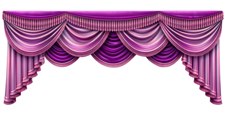 Realistic velvet curtains stage on a transparent Background, suitable for window or theater stage decoration. Luxury silk or velvet drapery mockup for interior design.
