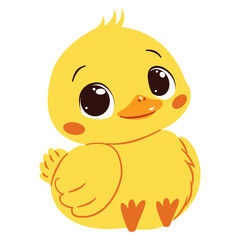 Super cute duckling with big eyes. Flat vector illustration in simple childish style. White background . Vector illustration