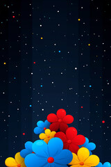 Fototapeta premium A vibrant arrangement of red, yellow, and blue flowers contrasts beautifully against a dark, starry backdrop. The colors create a cheerful atmosphere, evoking a sense of joy and liveliness.