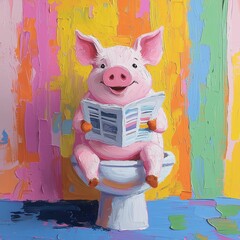 Cute pig sitting in the bathroom reading a newspaper
