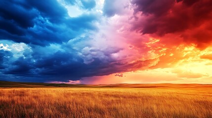 Fototapeta premium A vibrant, dynamic storm clouds over a calm lake with a clear area for text