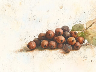 Side profile view of allspice berries with a watercolor background.