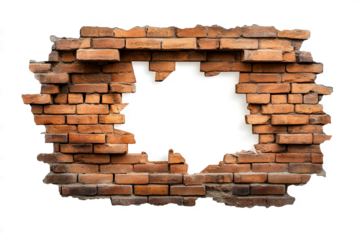hole in an old red brick wall, isolated on a transparent background with a clipping path, 