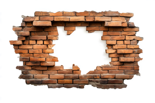 hole in an old red brick wall, isolated on a transparent background with a clipping path, 