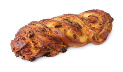 Delicious pastry with raisins isolated on white