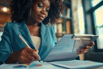 Business professional with a tablet and clipboard, focused on financial accounting, tax management, and audit reporting with modern digital tools