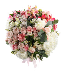 Bouquet of beautiful flowers isolated on white, top view