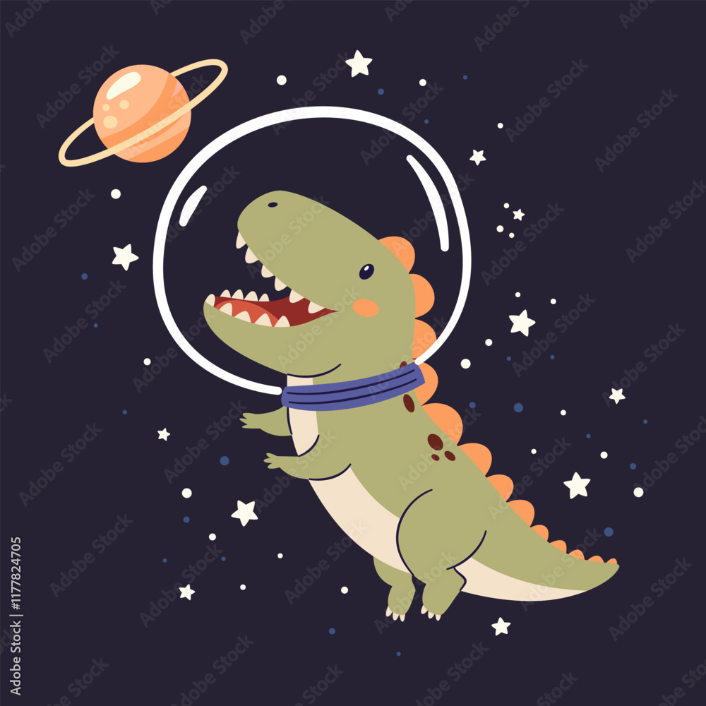 Canvas Prints cute kind dinosaur flying in a spacesuit in space, flat vector illustration in simple child style, d