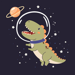 Cute kind dinosaur flying in a spacesuit in space, flat vector illustration in simple child style, dark background . Vector illustration