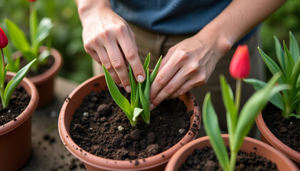 Gardener planting tulip bulbs in pots, focused and skilled, nurturing tulip cultivation for sale