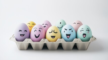 Colorful eggs with faces arranged in an egg carton for a cheerful celebration