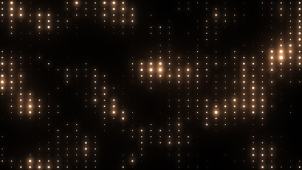 Golden disco lights background. Glowing disco party. VJ background. Flicker wall lights. Night club, music video, LED screen and projector, glamour and fashion event, jazz, pop. 