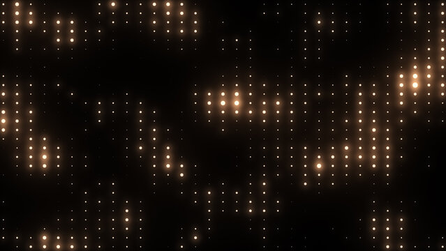 Golden disco lights background. Glowing disco party. VJ background. Flicker wall lights. Night club, music video, LED screen and projector, glamour and fashion event, jazz, pop. 