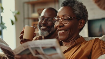 Pair enjoying each others company or reading a magazine on a sofa in their living room, exploring travel ideas and vacation plans. They are a happy, mature couple with books or coffee