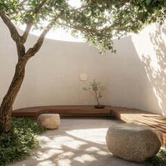 Obraz premium Serene meditation space peaceful garden interior design tranquil environment natural light zen atmosphere for relaxation