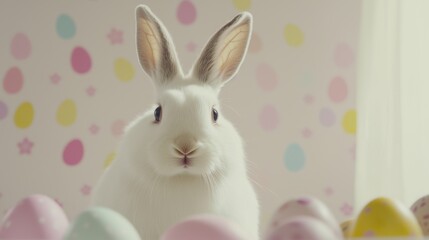 Fototapeta premium White rabbit surrounded by colorful eggs in a bright and cheerful setting during spring