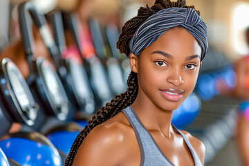 A young woman with braided hair and a headband smiles confidently while at a fitness center. Exercise equipment is visible in the background, creating an energetic atmosphere.