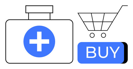 Obraz premium Medical bag with a blue cross, shopping cart, and blue BUY button represent online pharmacy shopping. Ideal for e-commerce, medical services, health apps, pharmaceutical marketing, telemedicine