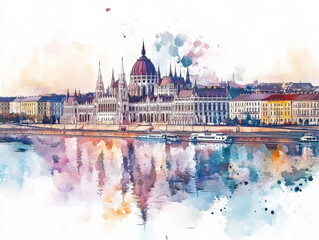 Fototapeta premium Charming watercolor design of the Danube and Parliament, showcasing elegant pastel blends and charm.