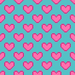 Pixel hearts on a blue green background seamless repeating pattern tile