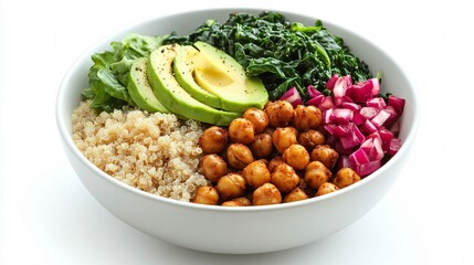 A Swiss chard Buddha bowl with quinoa, avocado, and roasted chickpeas, isolated on a smooth white background