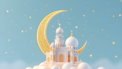 Mystical White Mosque Miniature Under Glowing Crescent Moon Creating Magical Ramadan Atmosphere Against Peaceful Blue Background in Studio Setting