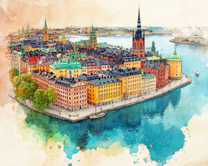 Aerial depiction of Stockholm with its colorful buildings and serene waters, set in a soft watercolor style.
