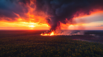 Fototapeta premium A wildfire consuming a dense pine forest, with bright orange flames and thick black smoke rising into the sky, during a dramatic sunset