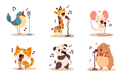 Cute singing animals. Bird kitten hamster panda giraffe mouse singers sing into the microphone. Set of flat vector illustrations in simple children's style, white background . Vector illustration