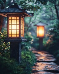 Serene lantern lighting pathway tranquil garden natural environment close-up zen atmosphere inspired