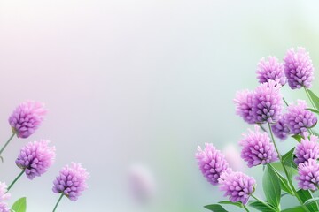 Whimsical spring meadow filled with wildflowers in soft pastel tones and dreamy morning haze