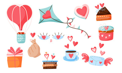 Valentine Day icon set with hearts, gifts, kites, letter, aerostat, and treats. For holiday cards, decorations, social media posts