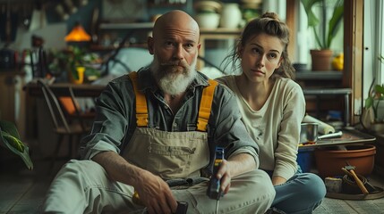 Fototapeta premium Middle-Aged Couple Relaxing in Cozy Workshop