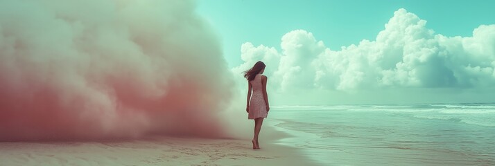 A woman walks alone along a beach, immersed in tranquility, surrounded by ethereal clouds and waves.