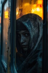 A woman with a hood peeks through a rain-soaked window, conveying mystery and depth in the urban setting.