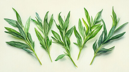 Fototapeta premium A stunning flat-lay of tarragon leaves highlighted by a delicate watercolor design.